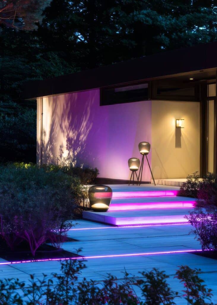 Moderne tuinverlichting met gekleurde LED strips in trap en terras, sfeervolle buitenverlichting langs tuinpad en gevel