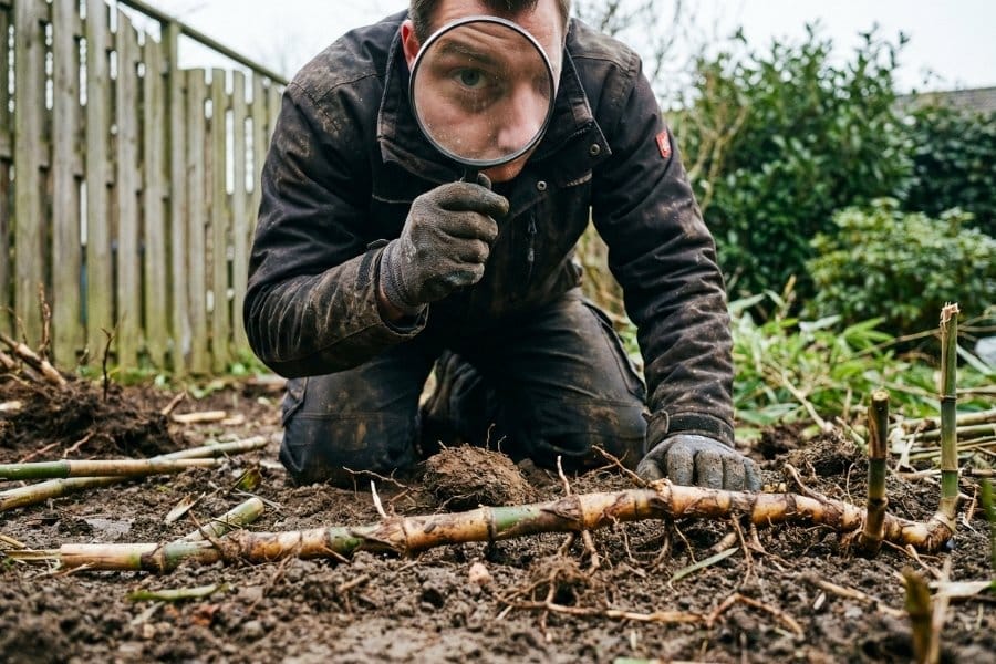Man is rhizomen aan het opsporen in de tuin