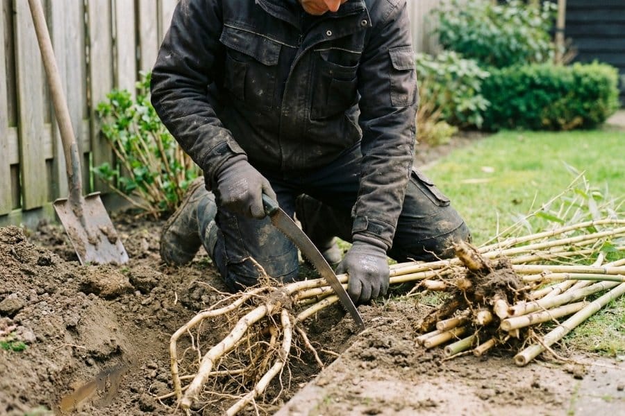 Man verwijdert bamboe met wortelzaag