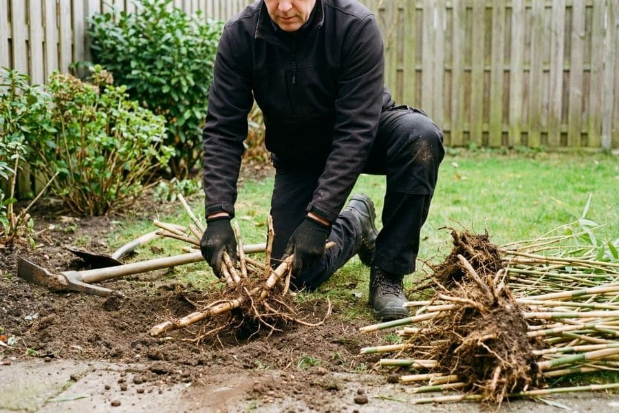 Man verwijdert bamboe met handgereedschap