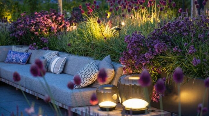 Sfeervolle tuinverlichting in bloemrijke tuin met LED buitenlampen naast loungeset, warme accentverlichting tussen siergrassen en bloeiende planten in de avond.